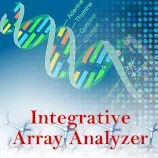 Integrative Array Analyzer logo with DNA helix illustration and colorful molecular background.