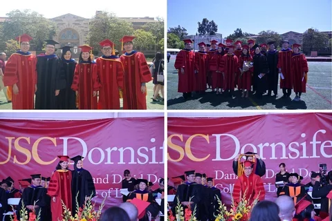 Collage of USC Dornsife graduation photos showing graduates in red gowns and faculty during ceremony.