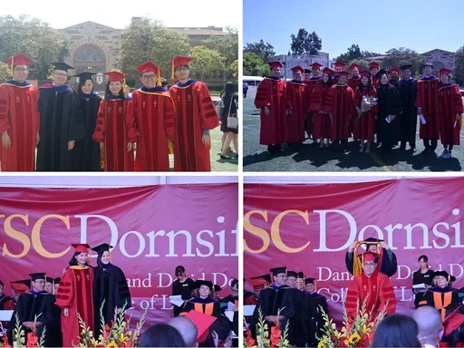 Collage of USC Dornsife graduation photos showing graduates in red gowns and faculty during ceremony.